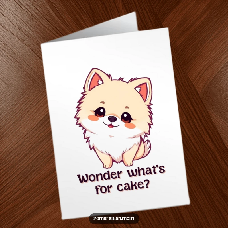 Funny Free Printable Birthday Card: A kawaii pomeranian tilting its head quizzically with wide, innocent eyes.