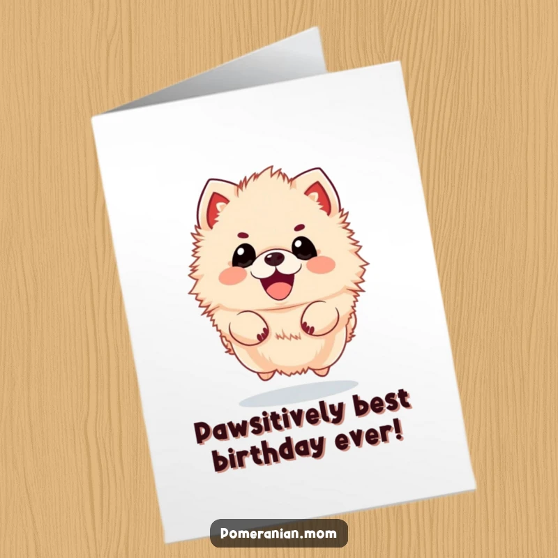 Funny Free Printable Birthday Card: A fluffy kawaii pomeranian mid-air, excitedly jumping with pure elation.