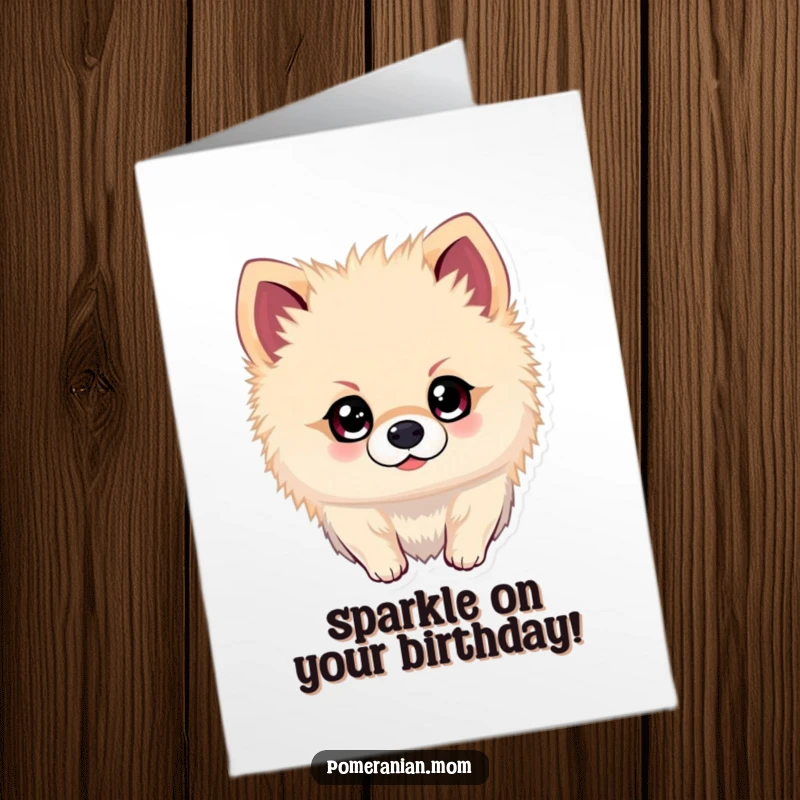 Funny Free Printable Birthday Card: A Kawaii Pomeranian with bright, sparkling eyes, eagerly looking for adventure, ready for fun.