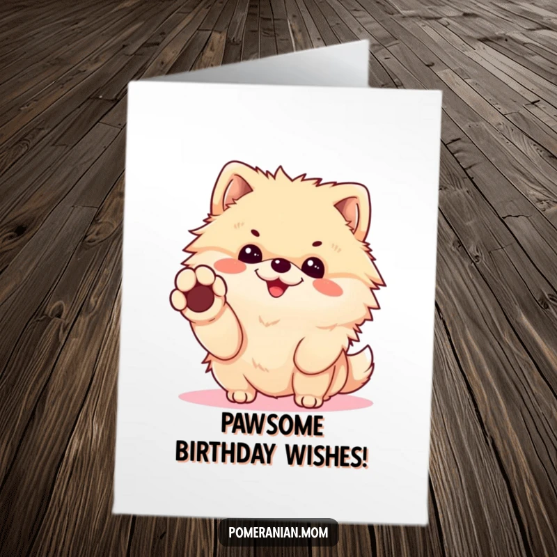 Funny Free Printable Birthday Card: A cheerful Kawaii Pomeranian offering a tiny paw for a friendly handshake, celebrating good times.