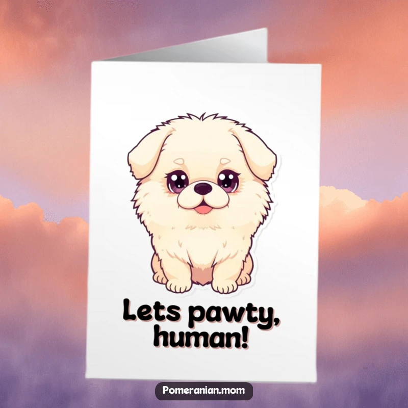 Funny free printable birthday card featuring a fluffy dog with huge, sparkling, pleading eyes.