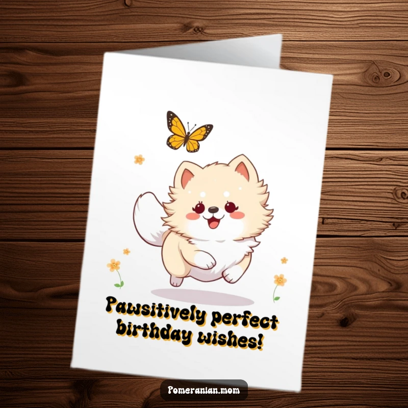 Funny Free Printable Birthday Card: Kawaii Pomeranian joyfully leaps after a butterfly, radiating pure, energetic fun.
