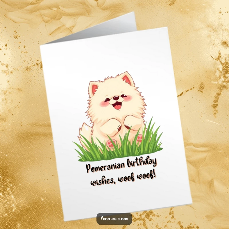 Funny Free Printable Birthday Card: Kawaii Pomeranian squealing, rolling in grass, pure happiness, cute dog, downloadable card