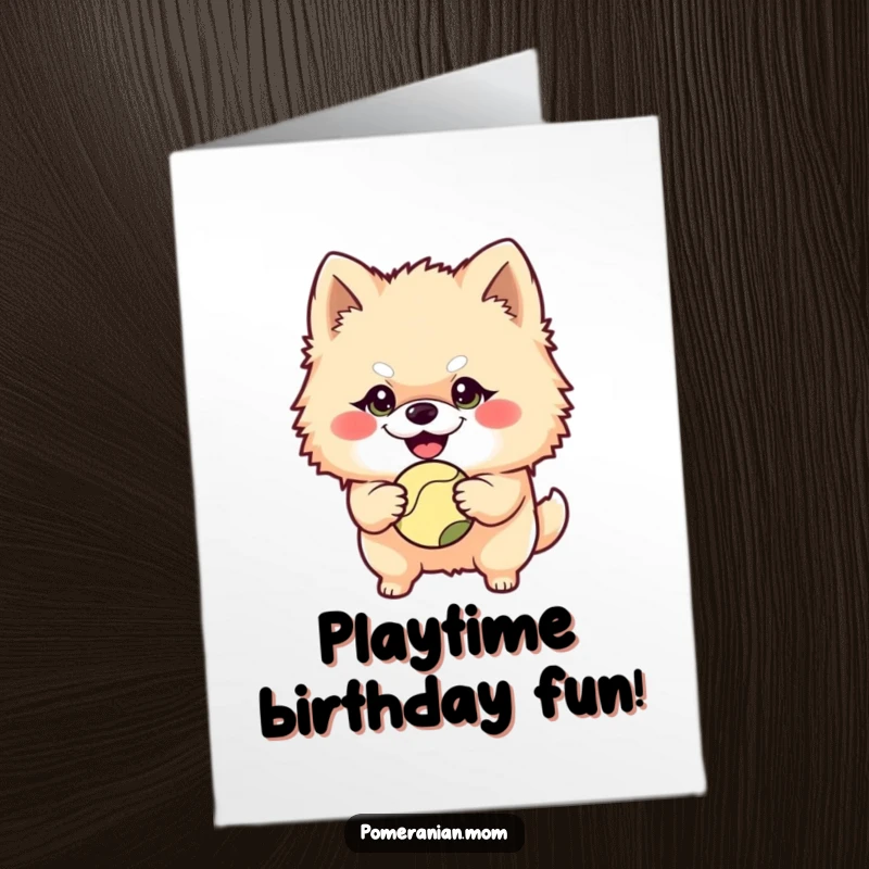 Funny Free Printable Birthday Card of a mischievous Pomeranian holding a ball, ready for playtime and birthday fun.