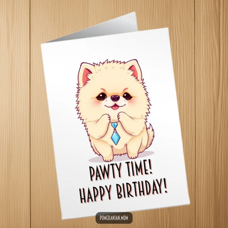Funny Free Printable birthday card with a playful Pomeranian batting at a dangling sparkly charm, a delightful downloadable illustration.
