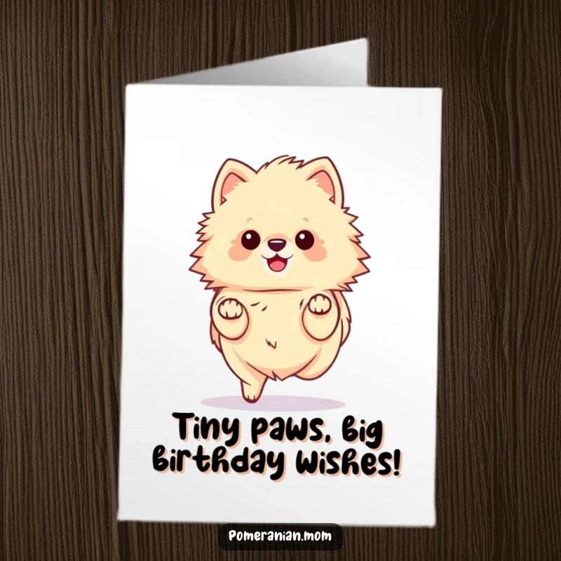 Funny Free Printable Birthday Card: A kawaii pomeranian adorably prancing with its tiny paws delicately placed.