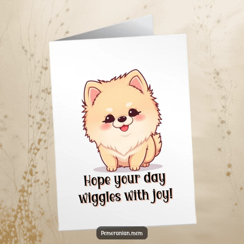 Funny Free Printable Birthday Card: A kawaii Pomeranian puppy curiously sniffing with a happy wiggle, ready to celebrate.
