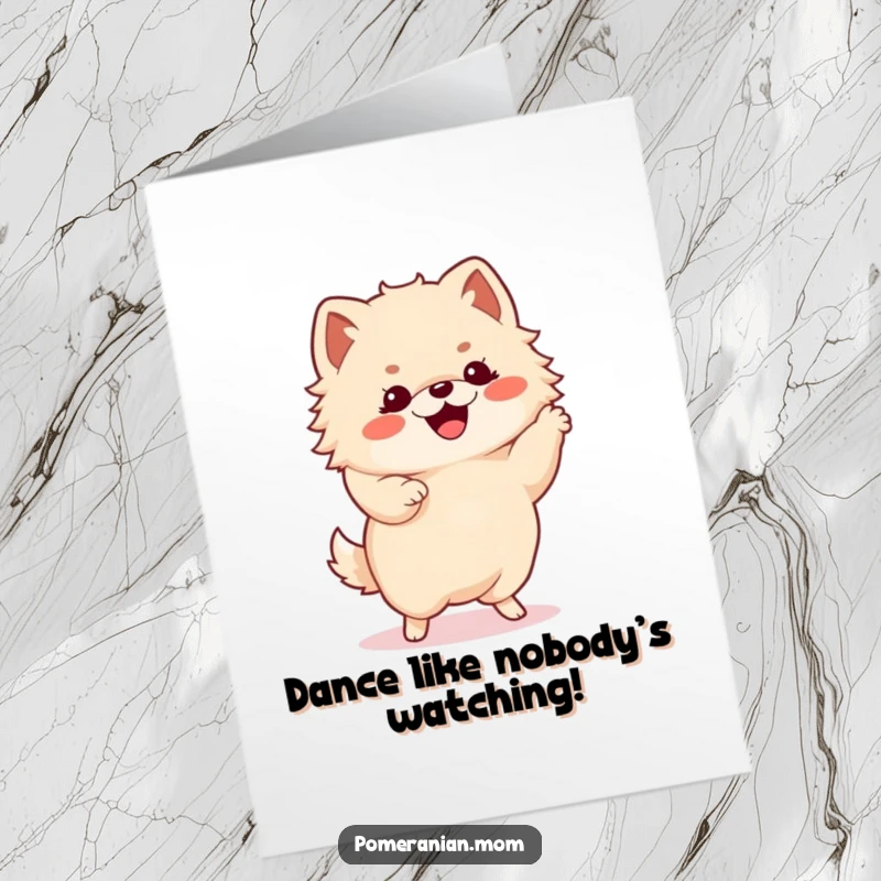 Funny Free Printable Birthday Card: Kawaii Pomeranian with tiny paws, doing an energetic happy dance.