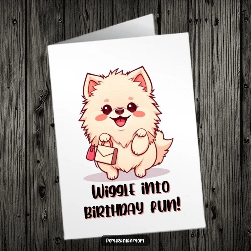 Funny Free Printable Kawaii Pomeranian Birthday Card: Dog with a happy wiggle carries a tiny handbag. Diy gift.