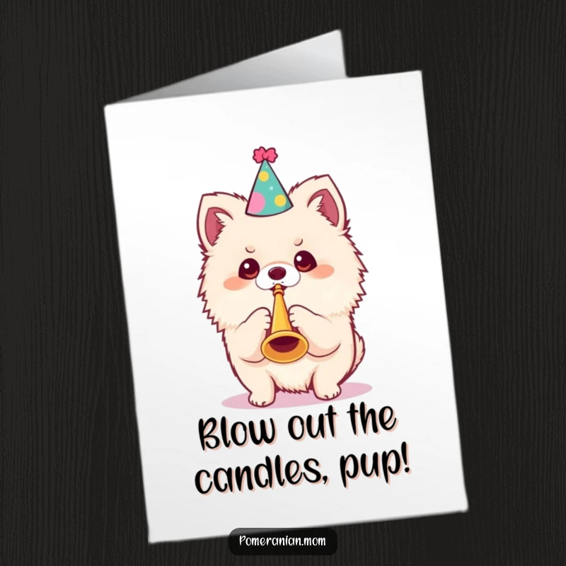 Funny Free Printable Kawaii Pomeranian Birthday Card: Dog in party hat blows tiny trumpet with festive glee. Diy gift.