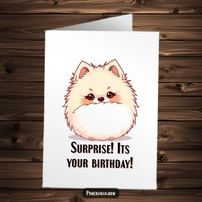 Funny Free Printable Birthday Card: Kawaii Pomeranian with a mischievous glint, hiding behind a giant puffball, peeking out.