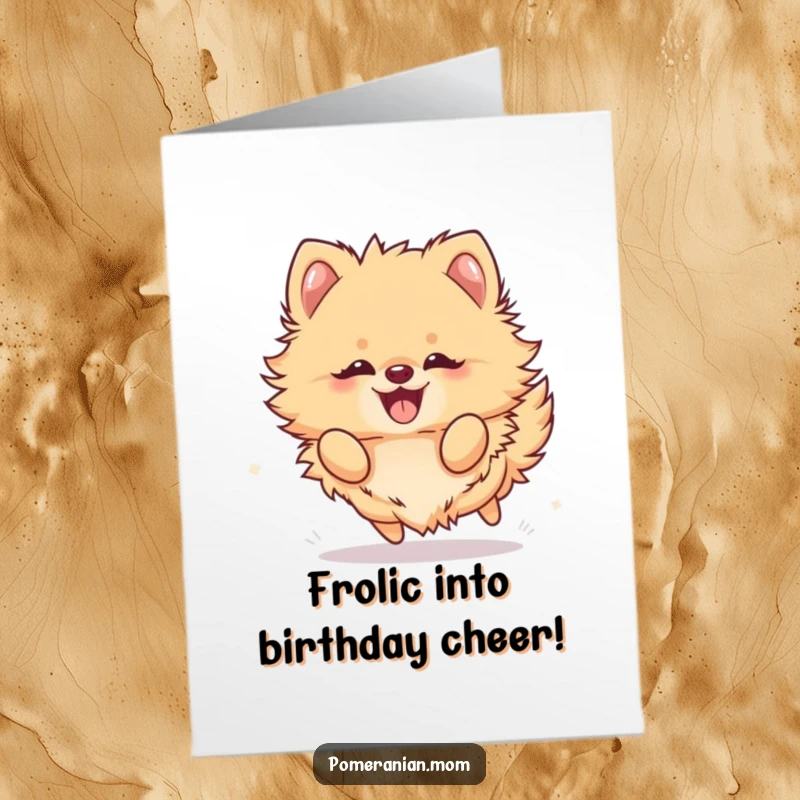 Funny Free Printable Birthday Card: Kawaii pomeranian frolicking energetically with sheer delight.