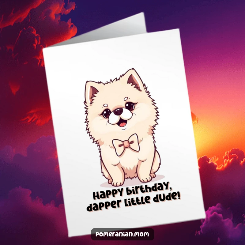 Funny Free Printable Birthday Card: Kawaii Pomeranian wearing a tiny bowtie, striking a proud, distinguished pose.