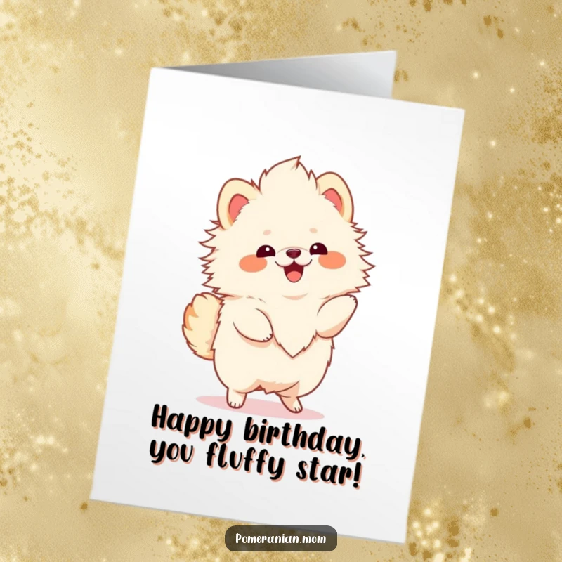 Funny Free Printable Birthday Card: Kawaii Pomeranian with fluffy mane, joyfully twirling, celebrating with pure happiness.