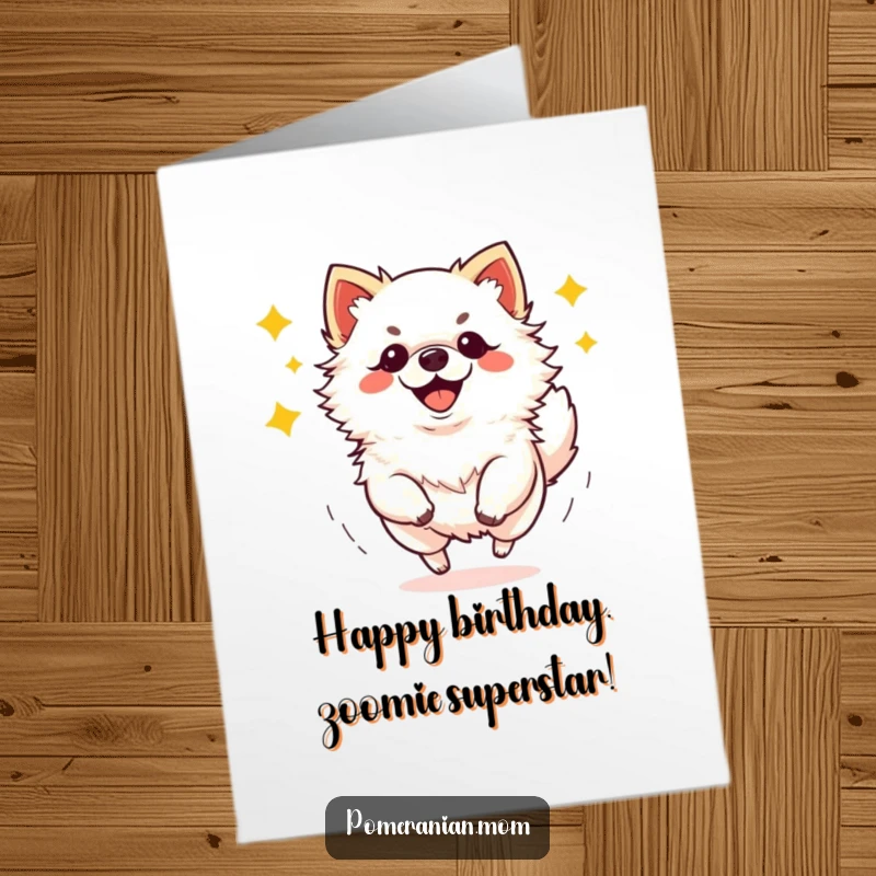Funny Free Printable Birthday Card: A kawaii Pomeranian caught mid-zoomie, bursting with energetic birthday happiness.