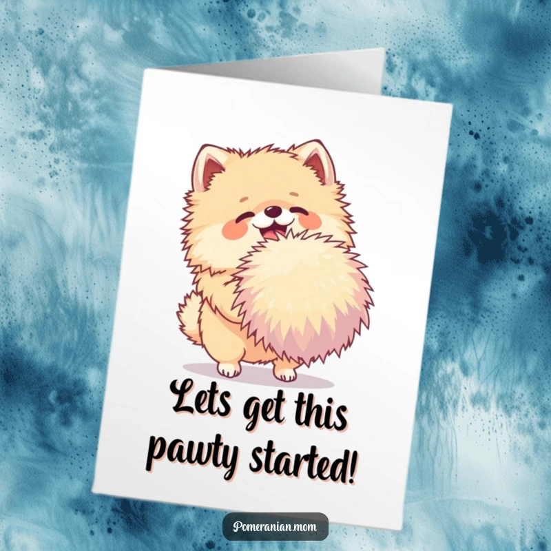 Funny free printable birthday card of a happy Pomeranian dog energetically shaking a large pom-pom.