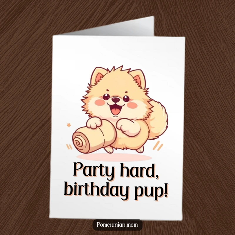 Funny Free Printable Birthday Card: Kawaii Pomeranian enthusiastically chasing a rolled-up sock with its entire body.