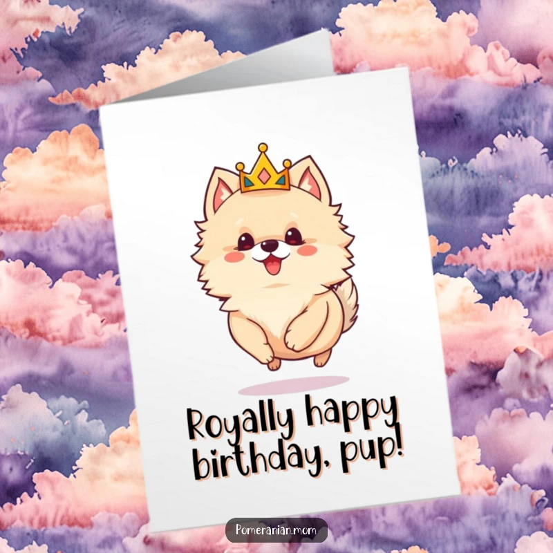 Funny Free Printable Birthday Card: Playful Pomeranian wearing a tiny crown, skipping with pure birthday joy.