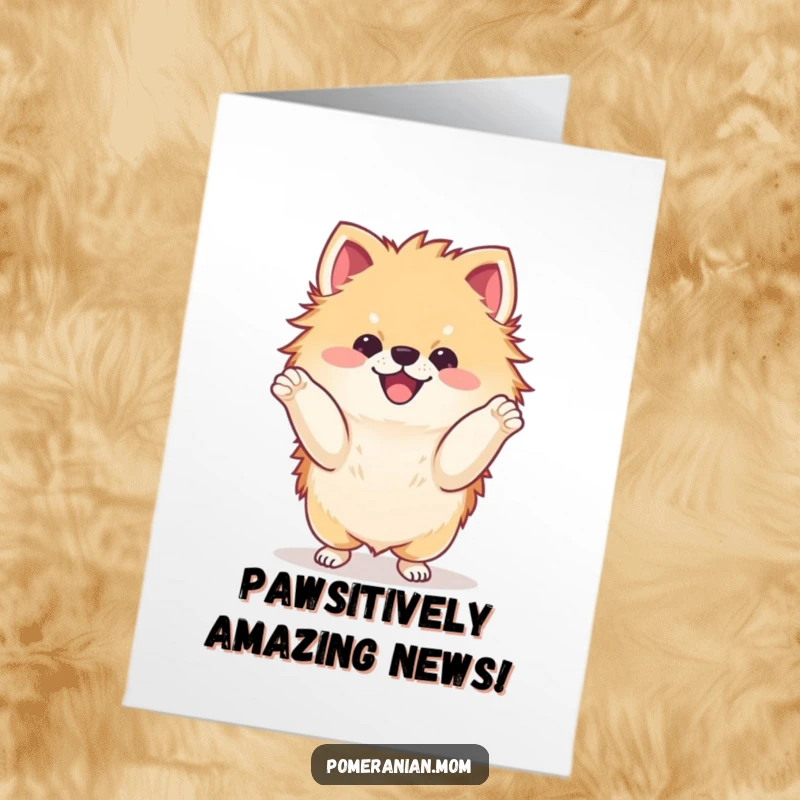 Funny Free Printable Congrats Card: A kawaii Pomeranian performs a delighted dance, paws in the air, celebrating an achievement.