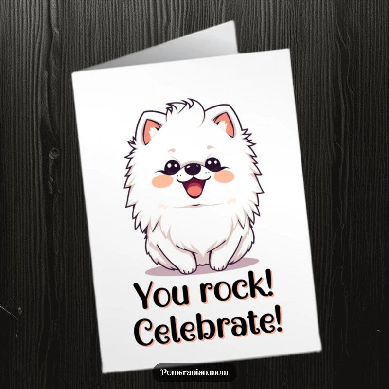 Funny Free Printable Congratulations Card of a happy Pomeranian shaking its mane with delight, celebrating a grand achievement.