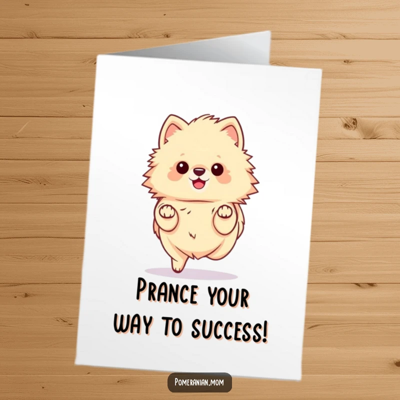 Funny Free Printable Congrats Card: A kawaii pomeranian prancing gracefully with its small paws moving elegantly.