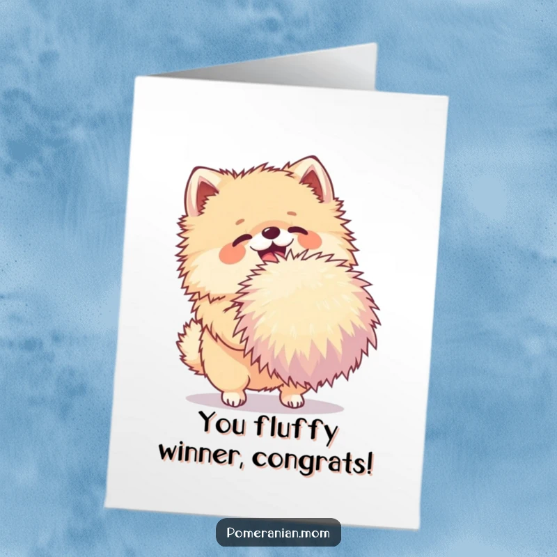 Funny free printable congratulations card featuring a cheerful Pomeranian enthusiastically shaking a huge pom-pom.