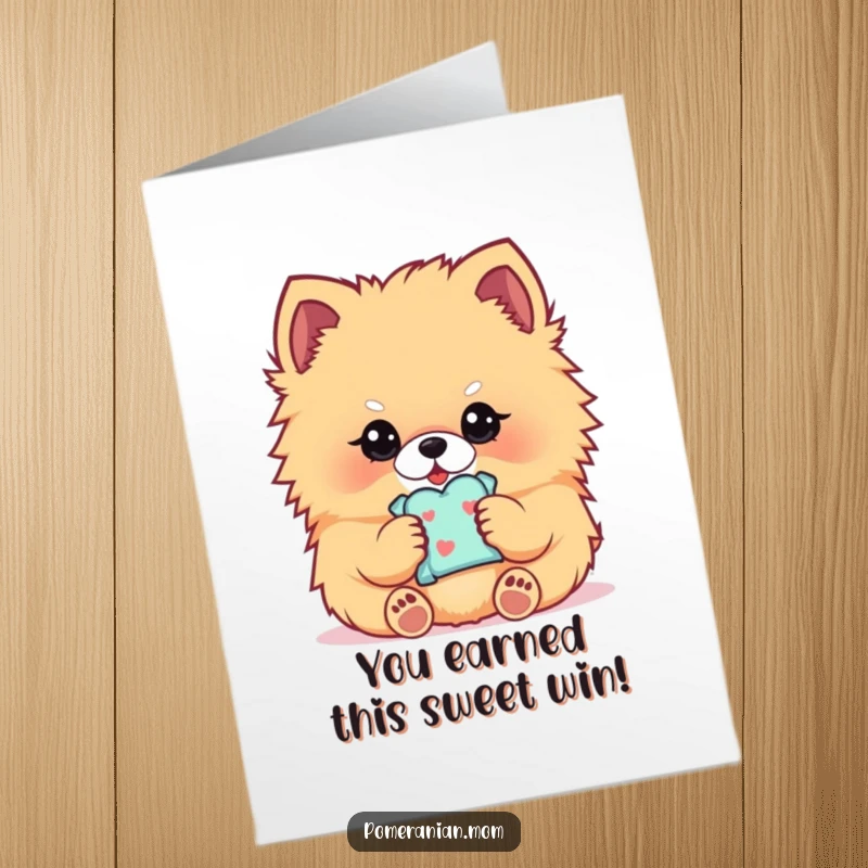 Funny Free Printable Congratulations Card: Cute Pomeranian delicately holding a tiny treat in its paws, savoring success.