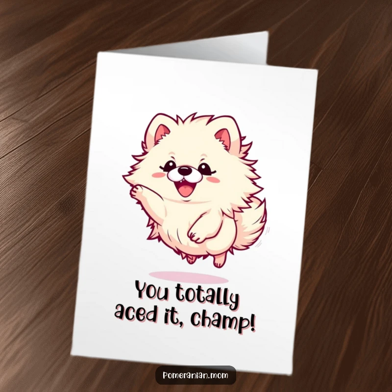 Funny Free Printable Congratulations Card featuring a super energetic kawaii Pomeranian puppy, leaping with happiness and fluffy charm.