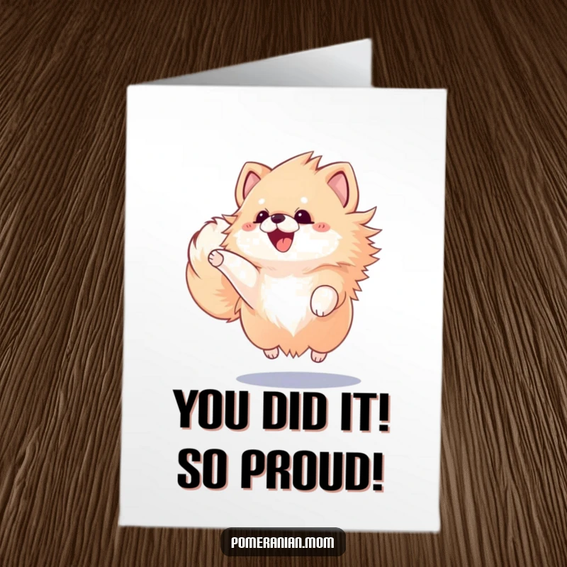 Funny Free Printable Congratulations Card: Kawaii Pomeranian with fluffy tail wagging furiously, jumping for joy.