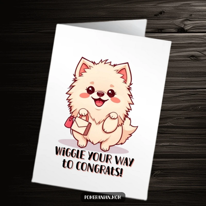 Funny Free Printable Kawaii Pomeranian Congratulations Card: Cute dog wiggles happily while carrying a miniature handbag. Downloadable art.