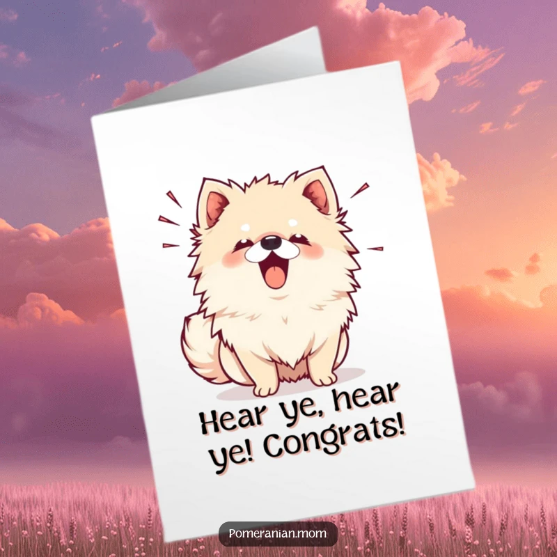 Free Printable Congratulations Card: A Kawaii Pomeranian joyfully barks, small sound lines indicating its happy vocalizations.