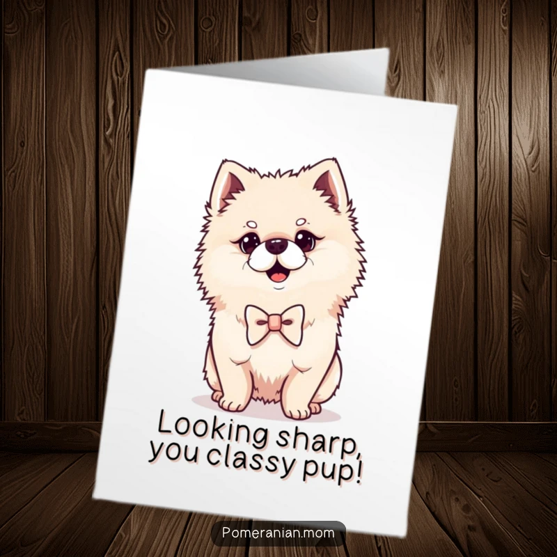 Funny Free Printable Congratulations Card: Cute Pomeranian with a tiny bowtie, striking a proud, confident pose.