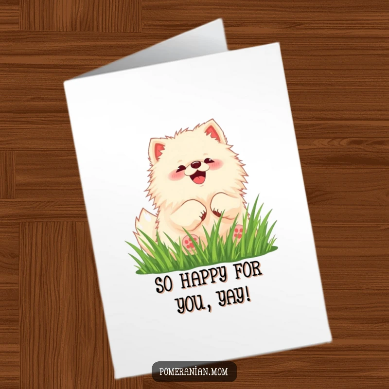 Funny Free Printable Congrats Card: Kawaii Pomeranian rolling, celebrating success, happy dog, grass field, downloadable card