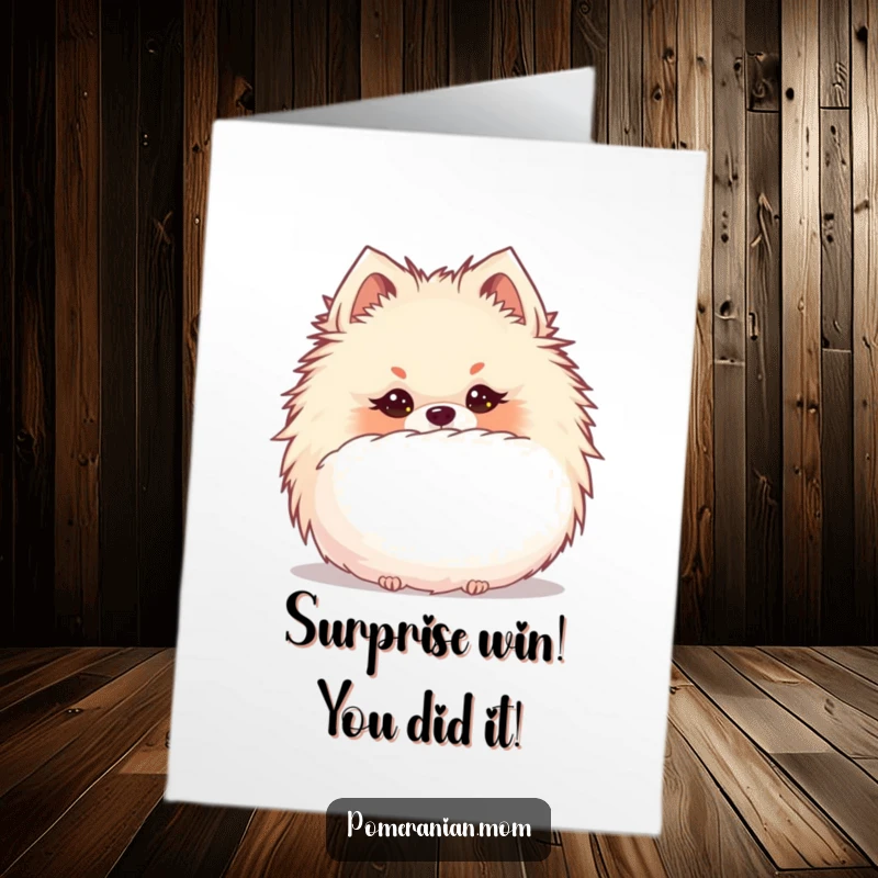Funny Free Printable Congratulations Card: Kawaii Pomeranian with a mischievous glint, hiding behind a giant puffball.