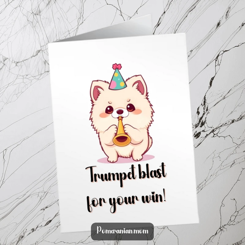 Funny Free Printable Kawaii Pomeranian Congratulations Card: Cute dog in party hat blows a tiny trumpet. Downloadable art.