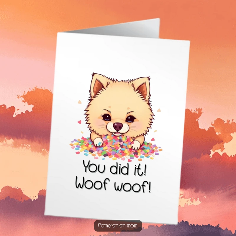 Funny Free Printable Congrats Card: A gleeful Pomeranian with its nose buried in colorful confetti, celebrating success.