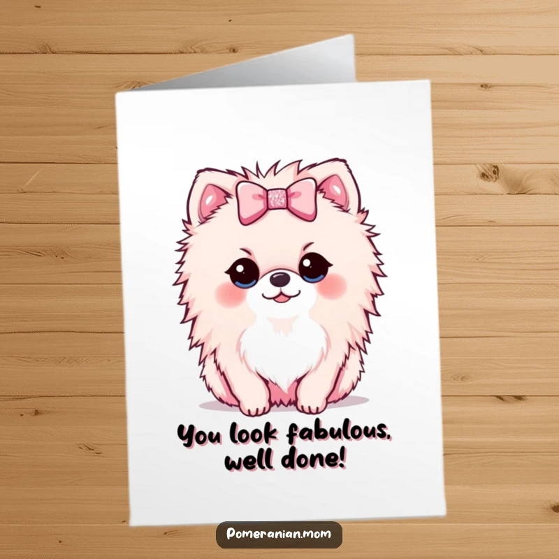 Funny Free Printable Congratulations Card: A kawaii Pomeranian puppy presents a tiny, sparkly bow to celebrate.