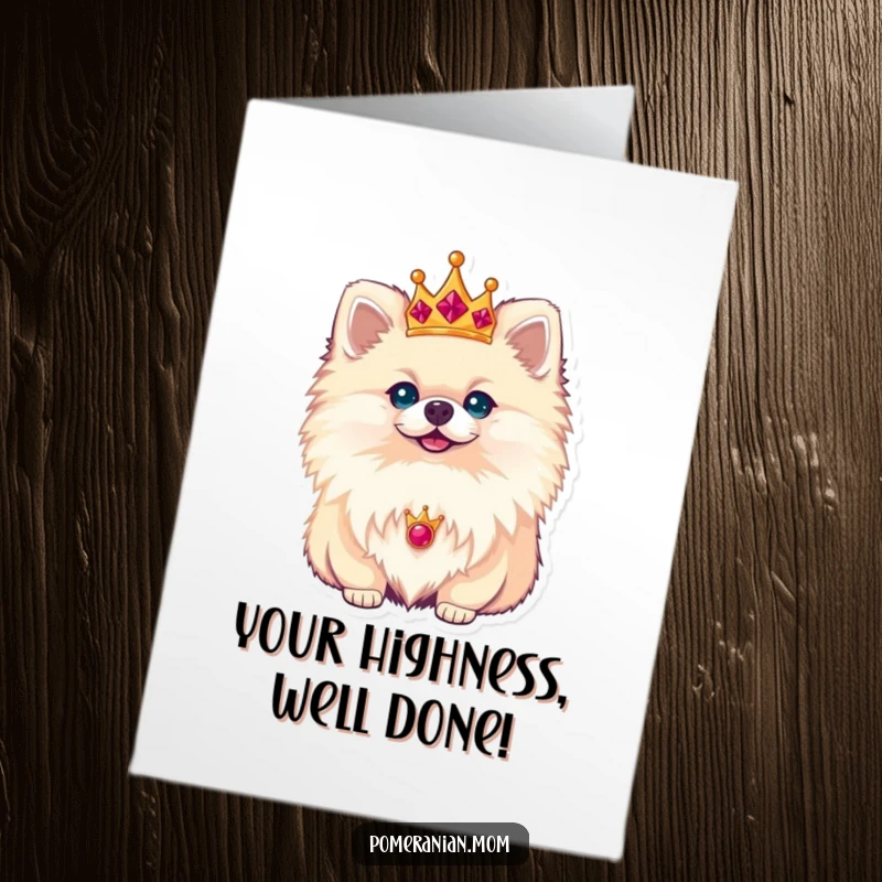 Funny Free Printable Congrats Card: A majestic Pomeranian wearing a small crown, looking down with regal approval.
