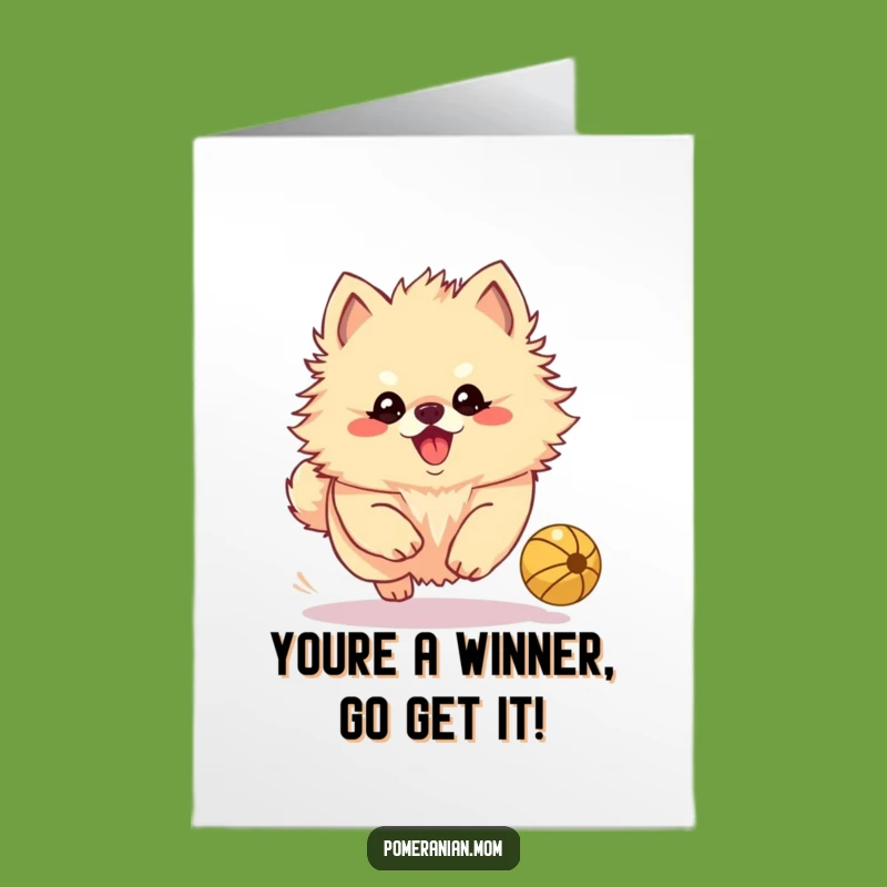Free Printable Kawaii Pomeranian Congrats Card: Playful Dog Ball Chase Downloadable Gift