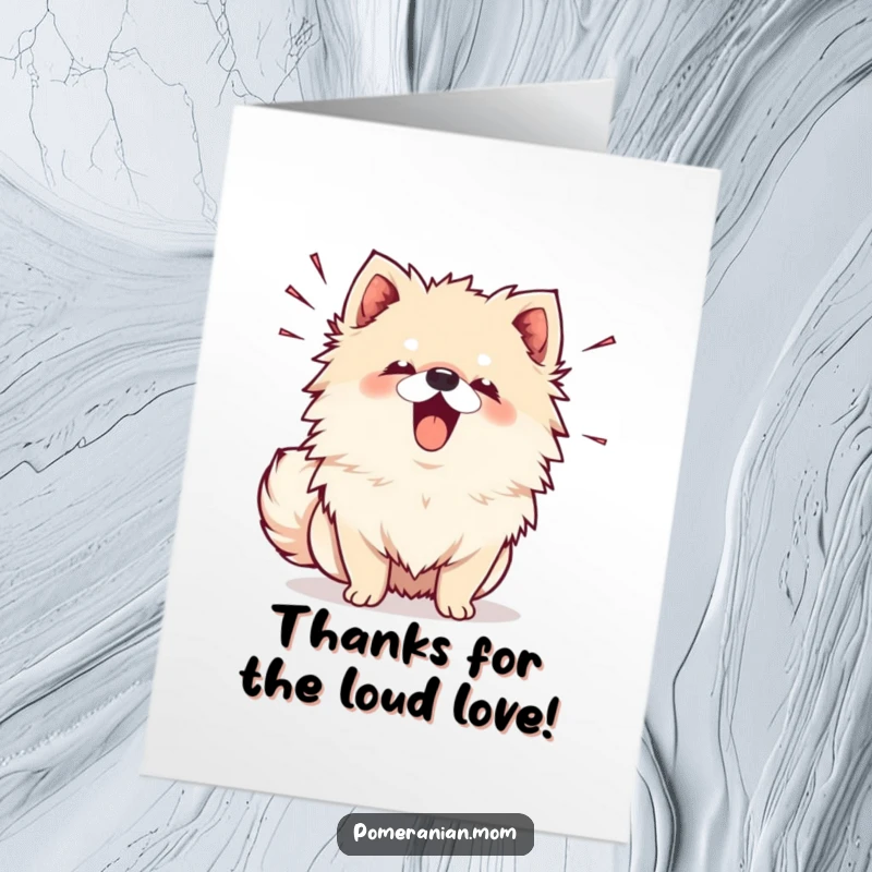 Funny Free Printable Thank You Card: A Kawaii Pomeranian enthusiastically barks, small sound lines bursting from its mouth.