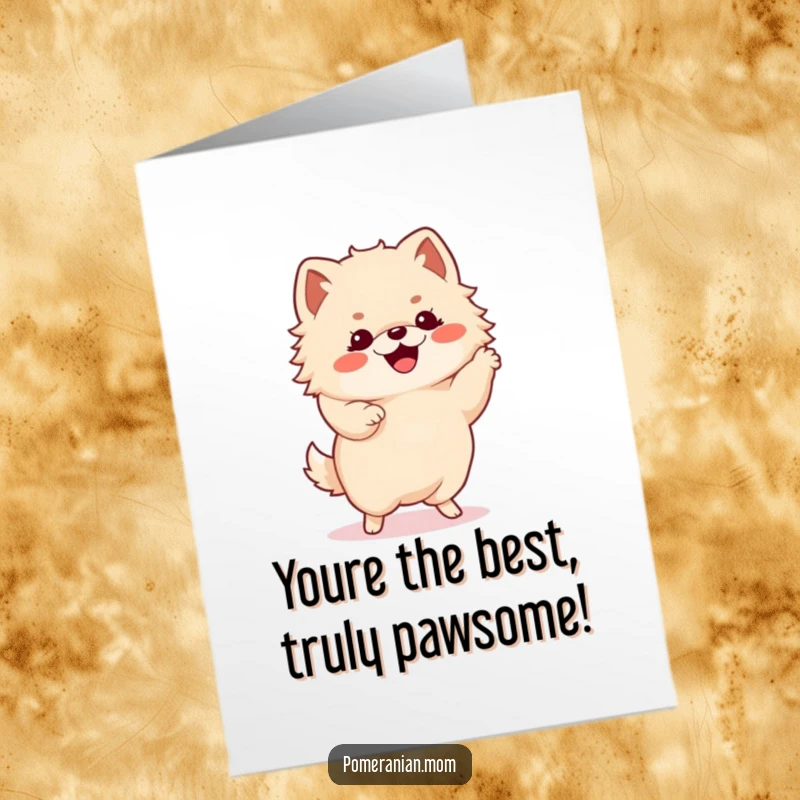 Funny Free Printable Thank You Card: Kawaii Pomeranian with tiny paws, doing an energetic happy dance.