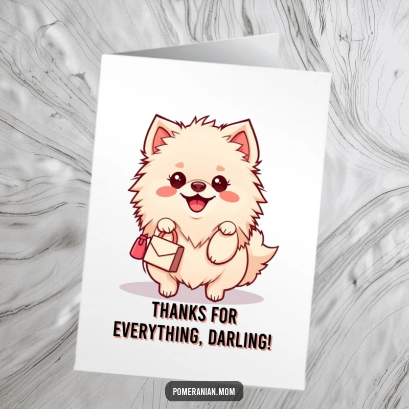 Funny Free Printable Kawaii Pomeranian Thank You Card: Adorable dog wiggles happily carrying a tiny handbag. Diy gift.