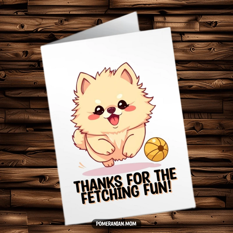 Funny Free Printable Thank You Card: Kawaii Pomeranian with a playful yap, chasing a bouncing ball.