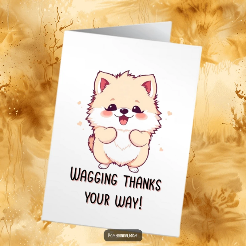Funny Free Printable Thank You Card: A Kawaii Pomeranian joyfully shakes its fluffy body, conveying enthusiastic thanks.
