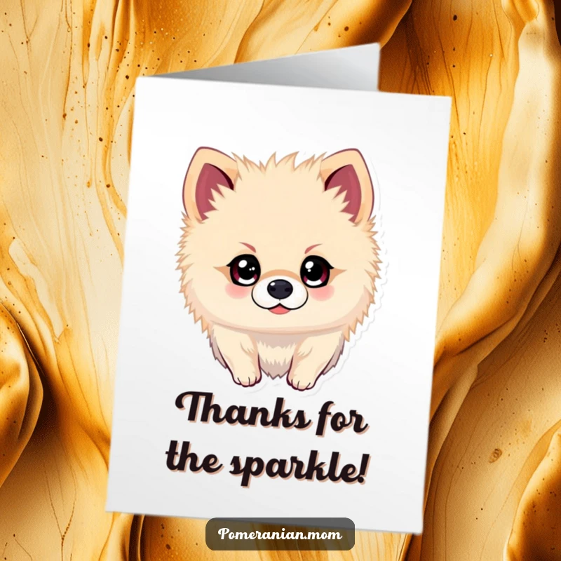 Funny Free Printable Thank You Card: A Kawaii Pomeranian with bright, sparkling eyes, ready for adventure, expressing heartfelt thanks.