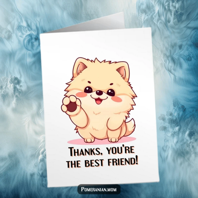 Funny Free Printable Thank You Card: A cheerful Kawaii Pomeranian offering a tiny paw for a handshake, expressing sincere thanks.