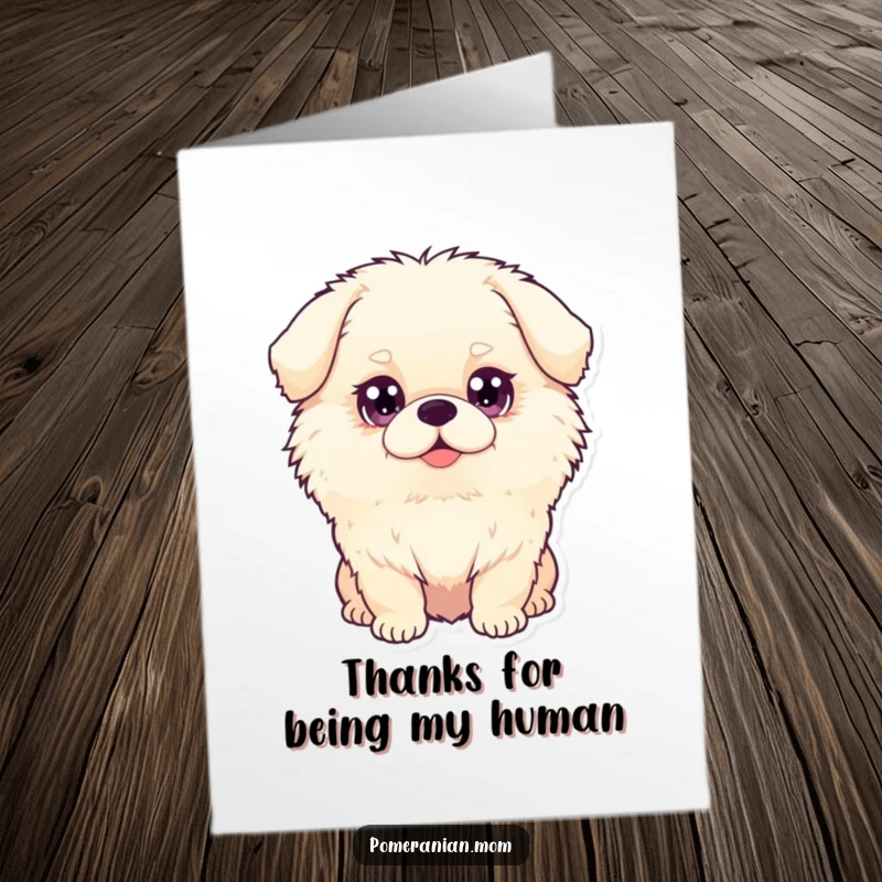 Funny free printable thank you card of a fluffy dog with big, earnest, sparkling eyes.