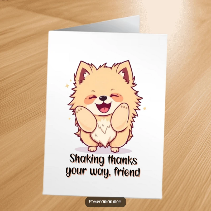 Funny Free Printable Thank You Card: Kawaii Pomeranian playfully shaking its whole body with absolute glee.
