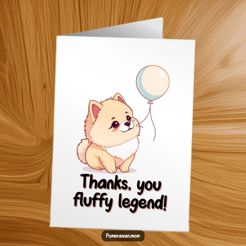 Funny Free Printable thank you card with a Pomeranian looking up at a floating balloon with delightful wonder, downloadable illustration.