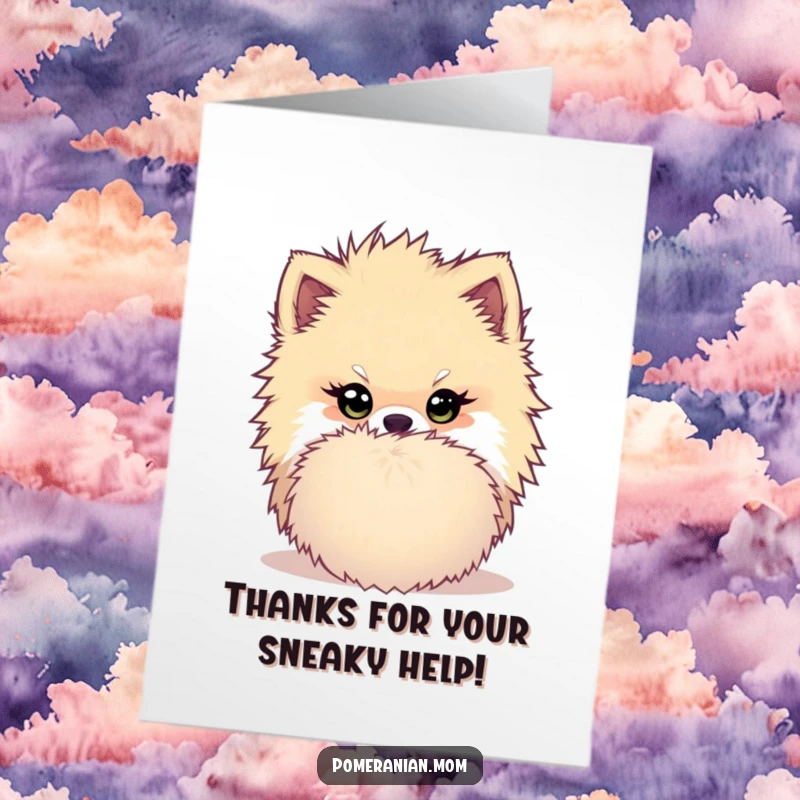 Funny Free Printable Thank You Card: A Kawaii Pomeranian with a mischievous twinkle, peeking from behind a large pom-pom, sending thanks.